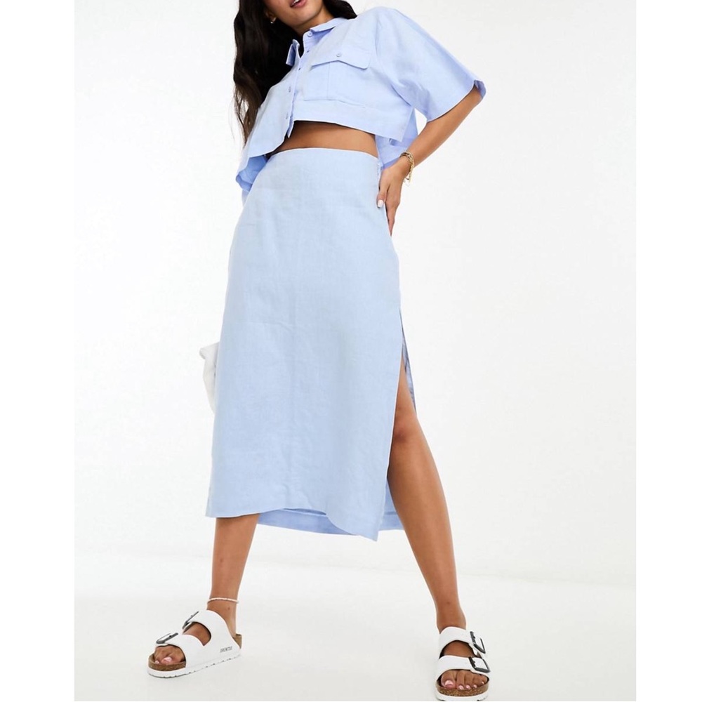 A&F Linen Collection Side Slit Midi Skirt in Light Blue Size Large Like New